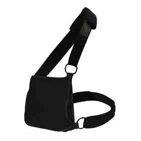 Black shoulder immobilizer sling with a shoulder strap and waist strap, model family SH320 to SH323.