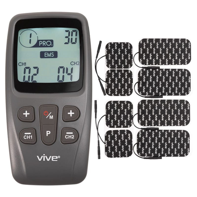 Grey Vive TENS and EMS combination unit beside square and rectangular electrode pads.