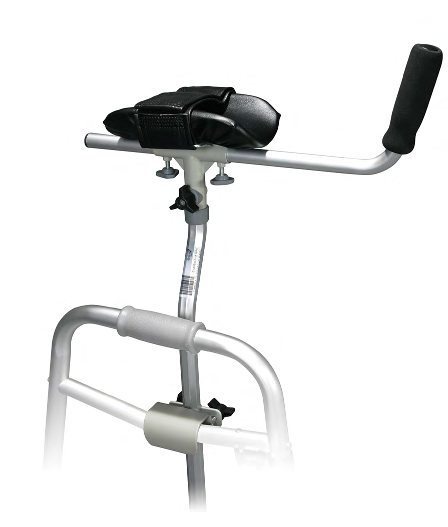 Padded forearm platform attachment mounted above a standard walker hand grip.
