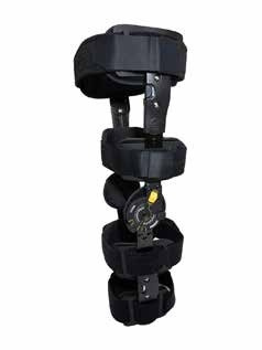 Black postoperative knee brace with adjustable upper and lower supports, hinge and straps, model KN340.