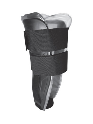 Gray and black gel stirrup ankle brace with rigid side supports and fastening straps, model AN400.