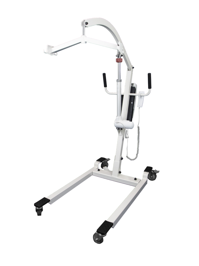 White electric patient lift with wheeled base, lifting arm and handheld control.