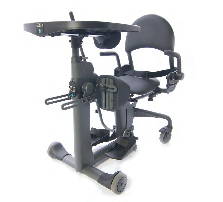 EasyStand Evolv standing frame with seat, knee supports and tray.