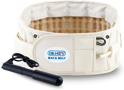 Cream colored Dr. Ho’s decompression back belt with its handheld inflation pump.