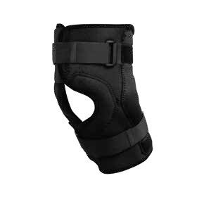 Black hinged knee brace with a knee opening and wraparound straps, model family KN33x.