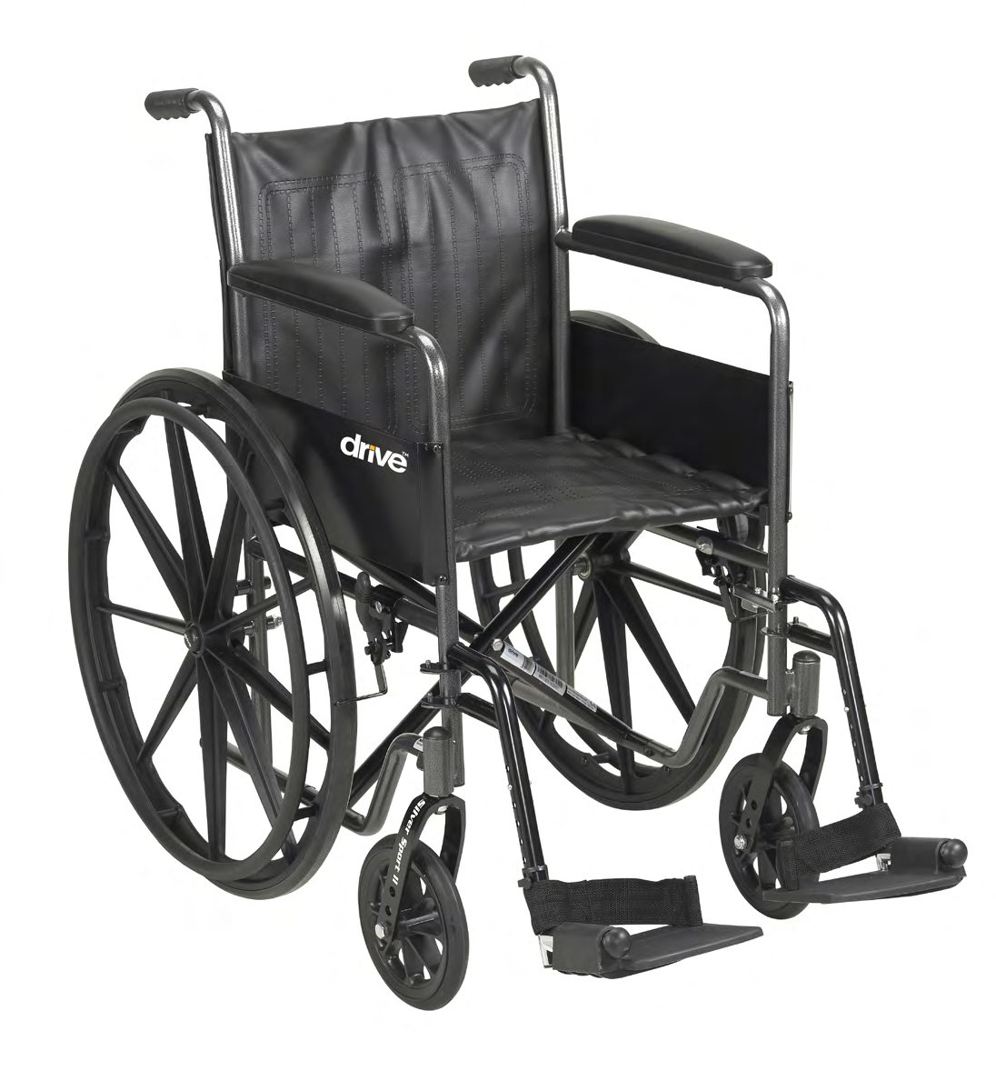 Black manual wheelchair with swing-away footrests and large rear wheels.