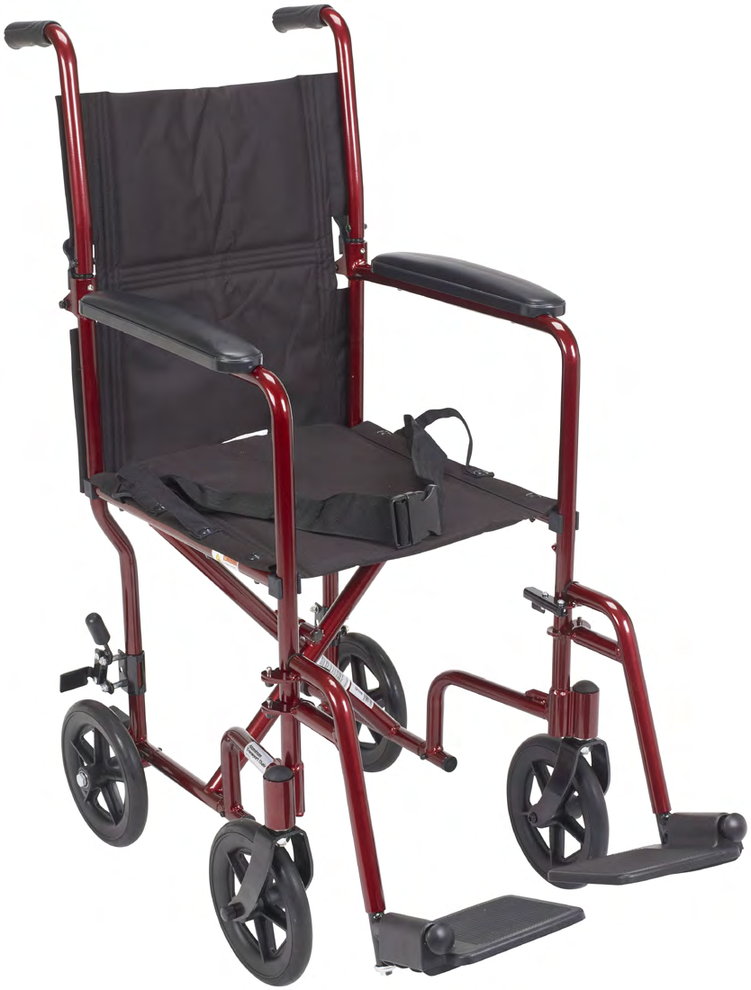 Drive Medical aluminum transport chair with red frame, black seat and footrests