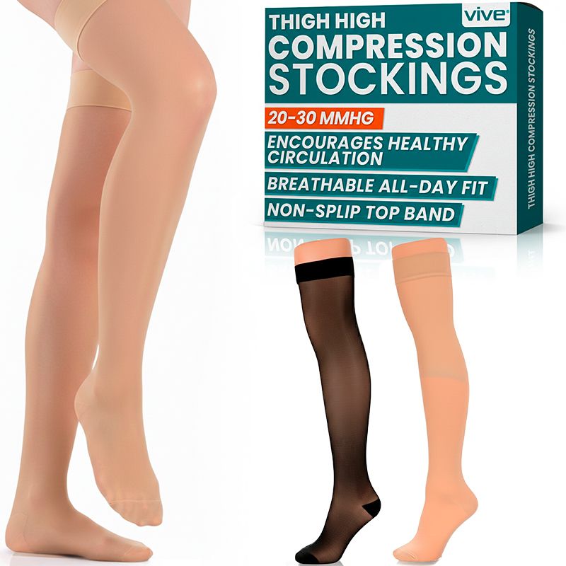 Vive thigh-high compression stockings in tan and black