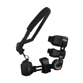 Black hinged elbow brace with upper-arm and forearm straps and a shoulder strap, model family EL205x.