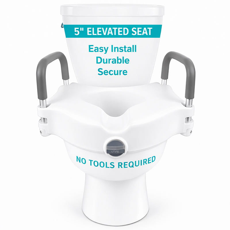 Vive raised toilet seat with arm handles shown on a toilet