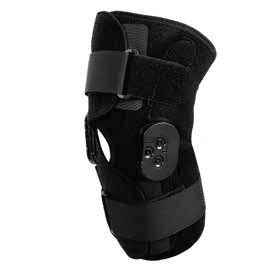 Black wraparound knee brace with a knee opening, straps and range-of-motion hinges, model KN209.