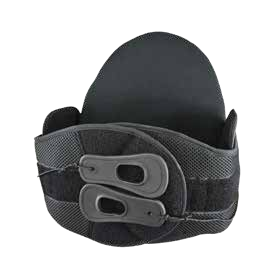 Black and gray lumbar back brace with a tall support panel and wraparound belt, model BA206.