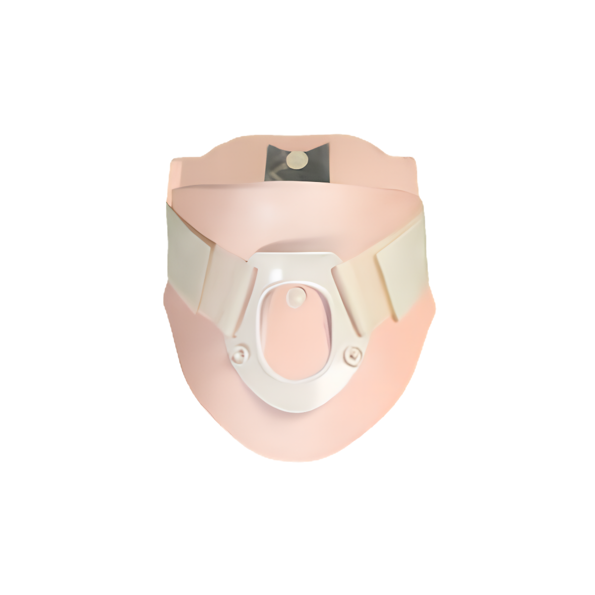 Two-piece cervical collar with foam construction and plastic front reinforcement.