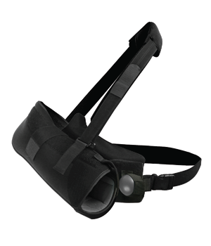 Black shoulder sling with an abduction pillow, straps and a squeeze ball, model SS-158.