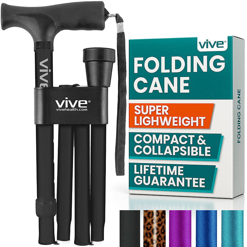 Vive folding cane shown folded beside its package