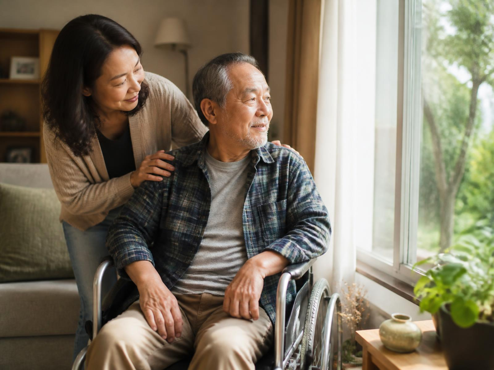 A caregiver rests her hands on an older adult seated in a wheelchair at home, both looking out a sunlit window