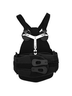 Black spinal brace with a waist belt, shoulder straps and an adjustable thoracic support frame, model BA210.