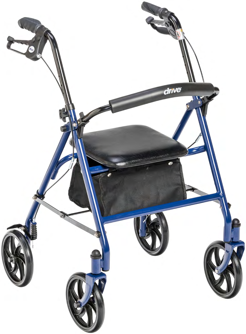 Blue four-wheel rollator with a padded seat, hand brakes and a storage pouch.