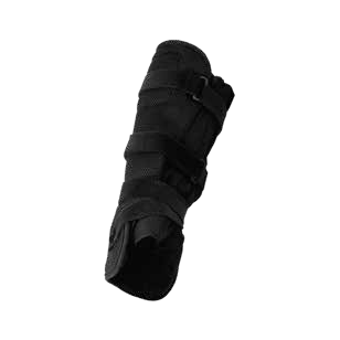 Black wrist splint with rigid support and adjustable straps, model WR301.
