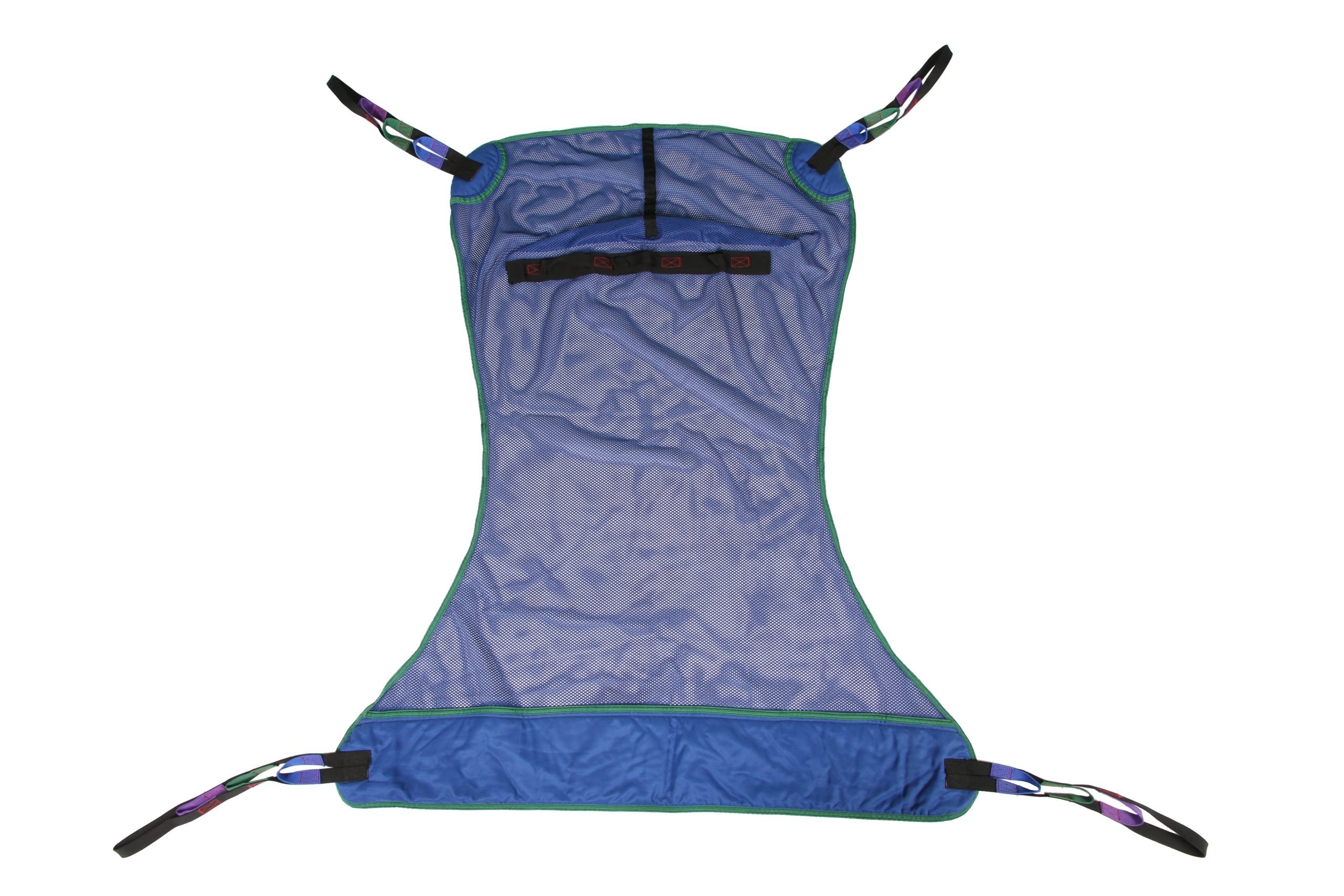 Blue full-body mesh patient lift sling with green edging and four sets of attachment loops.