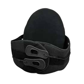 Black lumbar back brace with a tall back support and a wraparound string-and-roller belt, model BA205.