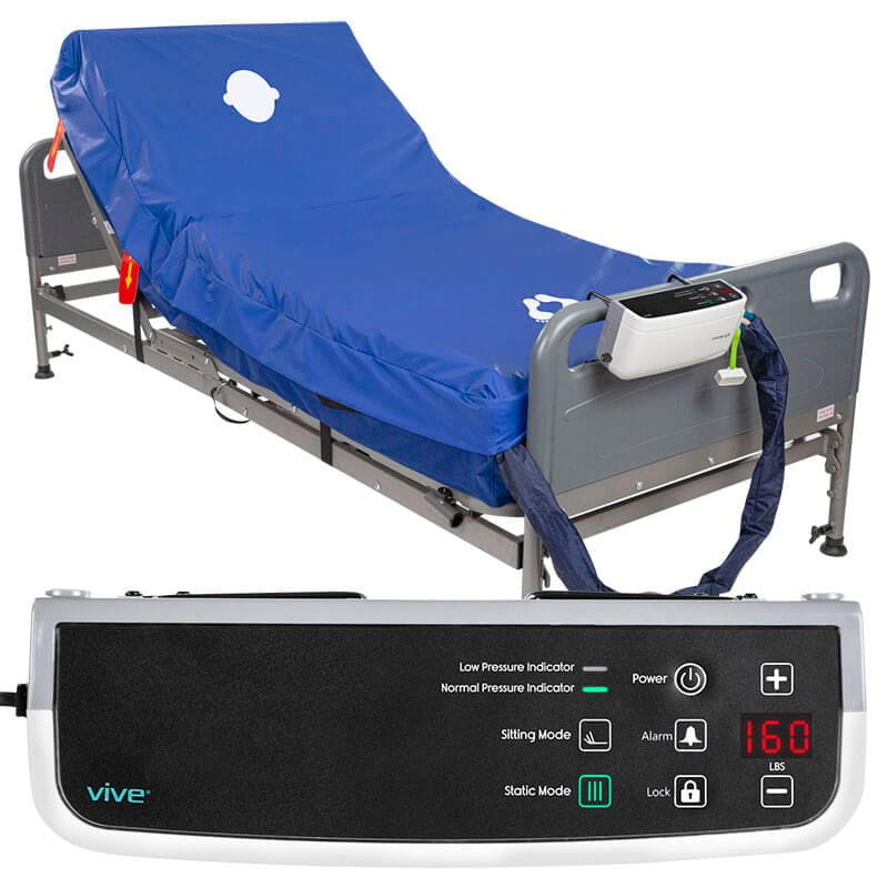 Vive alternating pressure mattress with pump shown on a bed