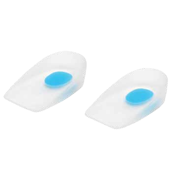 Pair of translucent orthotic heel cups with blue cushioned heel areas, model family OR10x.