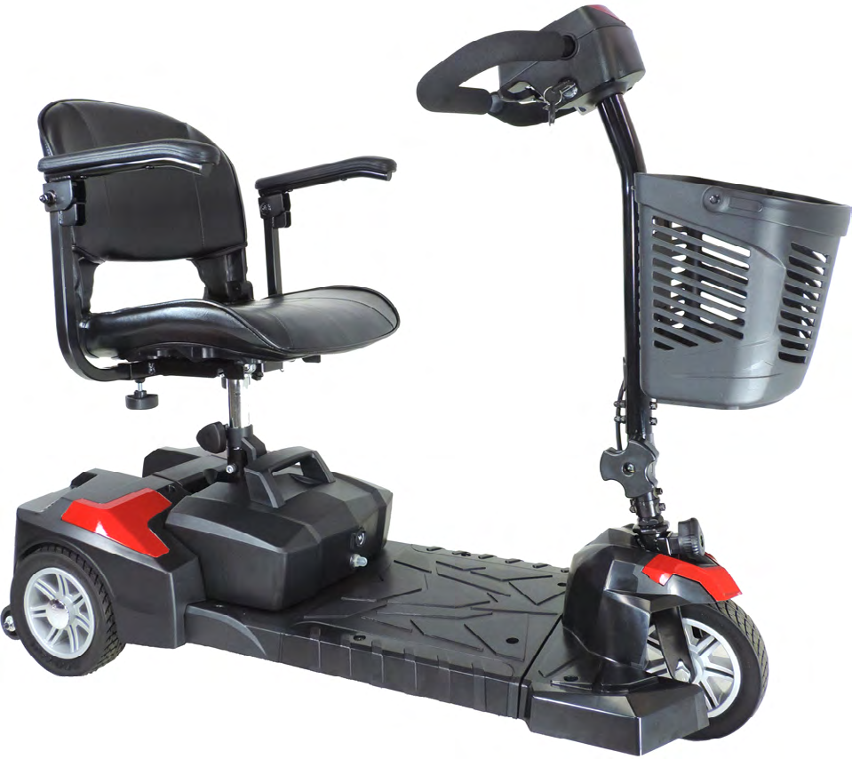 Three-wheel mobility scooter with padded seat, armrests and front basket.