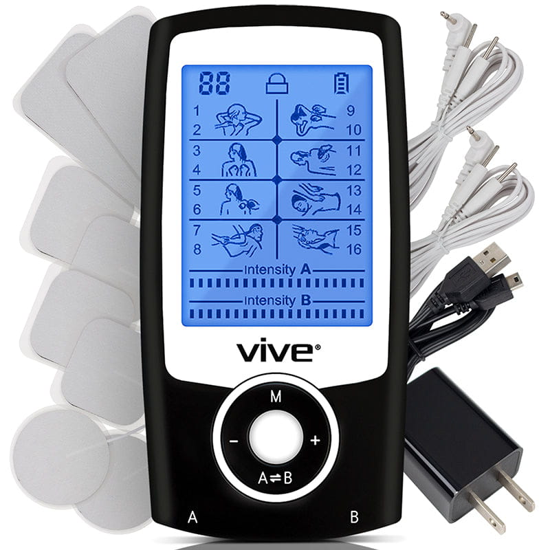 Black Vive TENS unit with a blue display, electrode pads, connecting cables and charger.