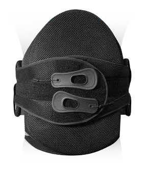 Black lumbar back brace with an overlapping front support panel and pull tabs, model BB-159.