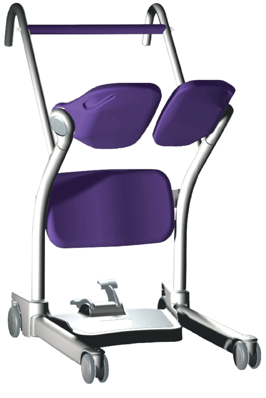 Arjo Sara Stedy standing transfer aid with knee support, split seat and wheeled base.