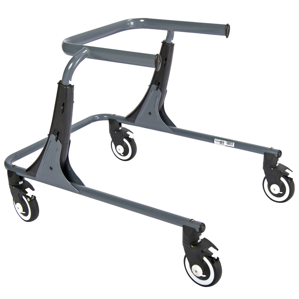 Grey Moxie GT gait trainer frame with four caster wheels.