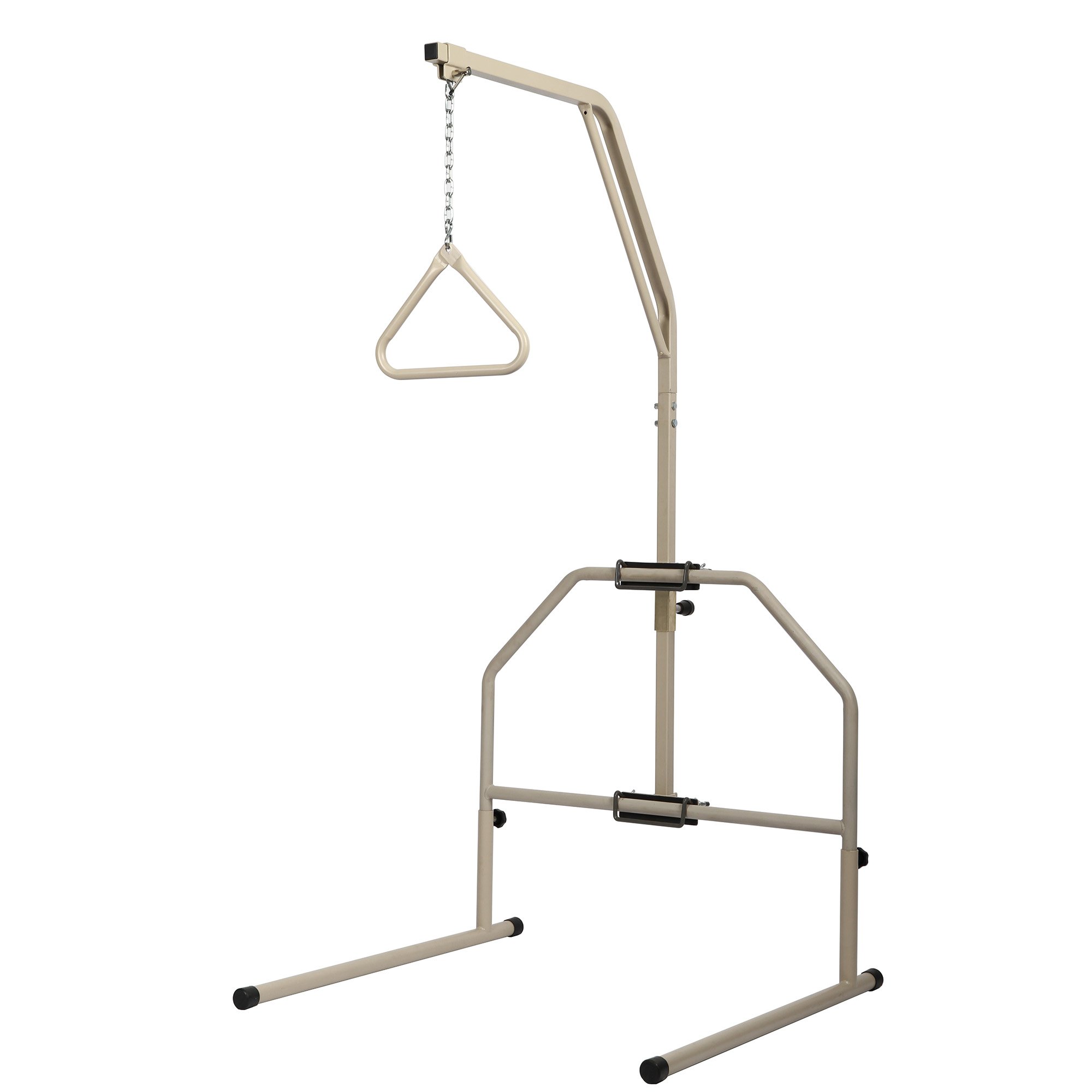 Freestanding CostCare trapeze with a floor base, overhead arm, chain and triangular handgrip.
