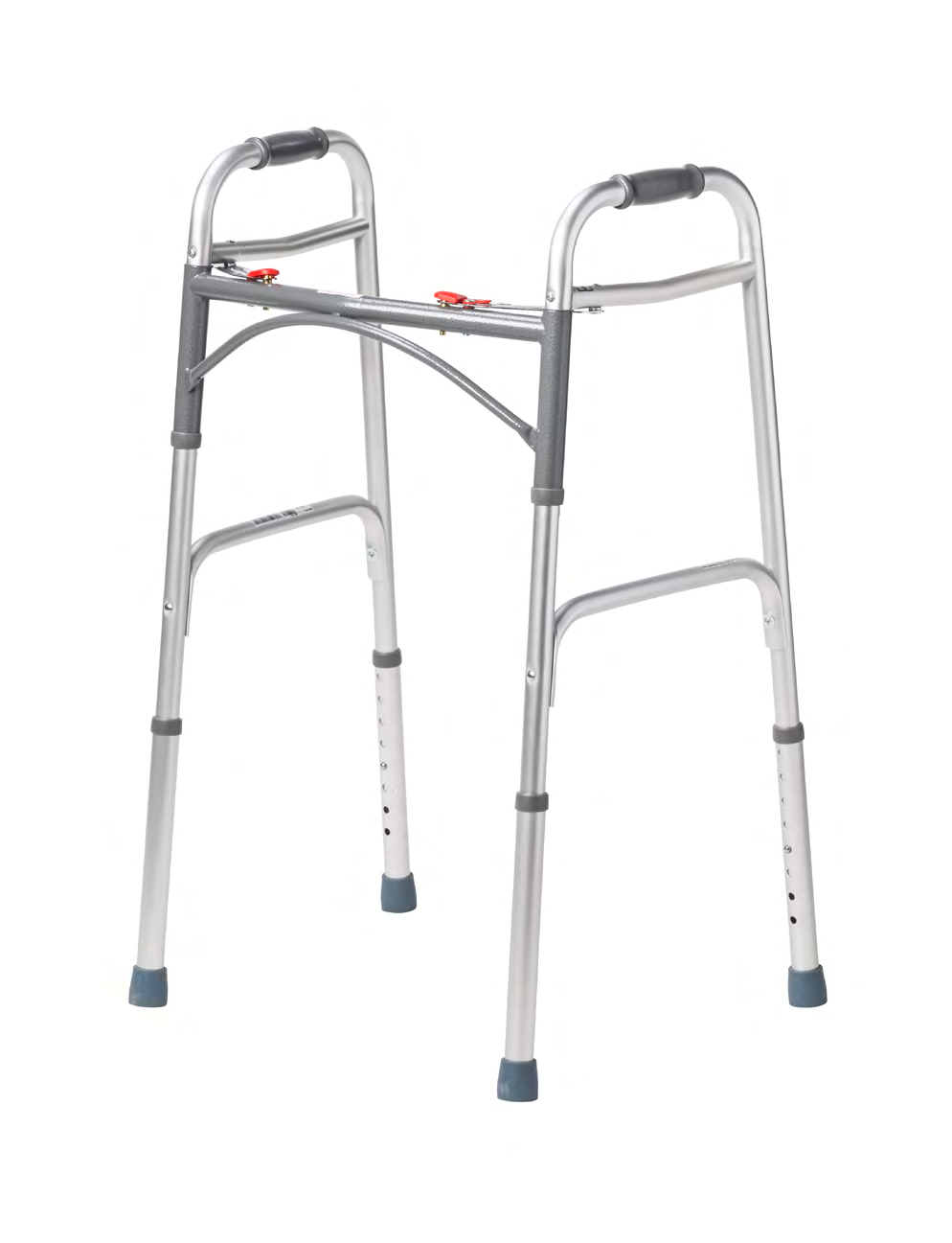 Silver folding walker with handgrips and four rubber-tipped legs.