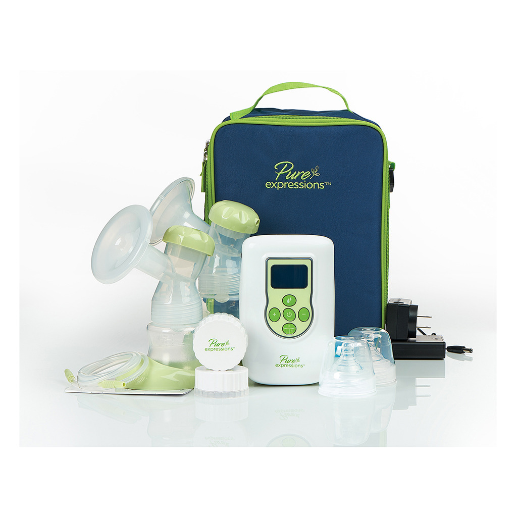 Drive Pure Expressions double electric breast pump with collection bottles, tubing, power supplies and carry bag.
