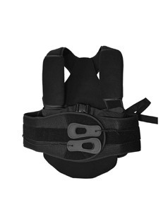Black spinal brace with a waist belt, trunk support and shoulder straps, model BA220.