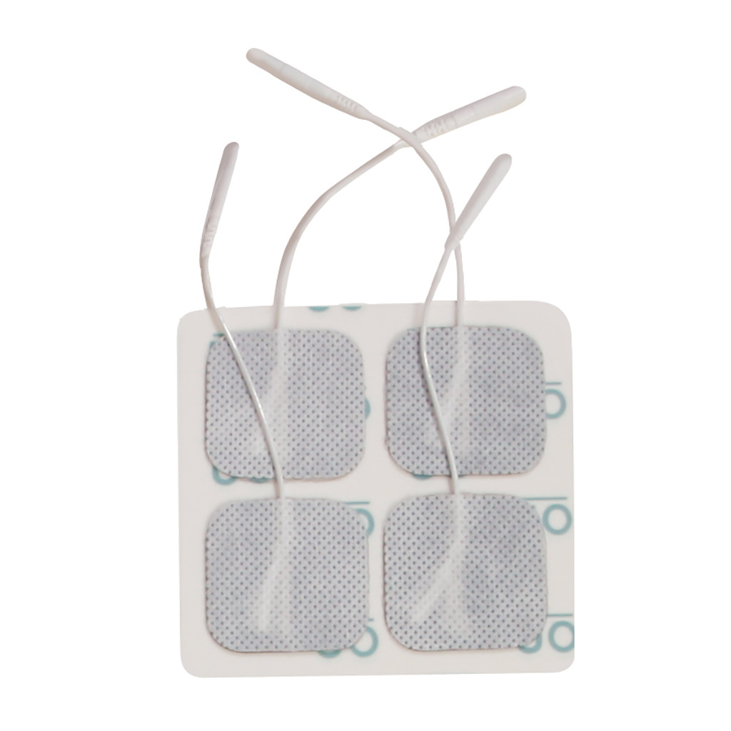 Four square adhesive electrode pads with attached white leads on a backing sheet.