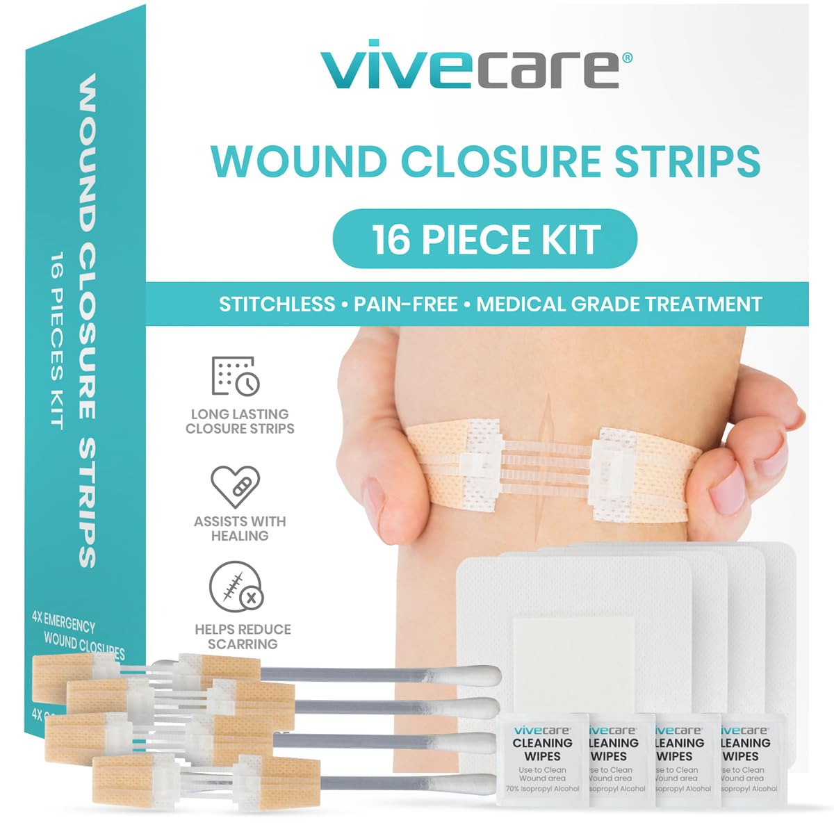 Vive Care wound closure kit with strips, wipes and dressings