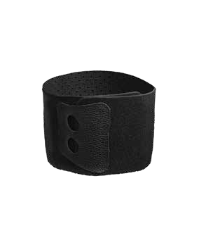 Black perforated knee suspension sleeve with an overlap fastening tab, model KB-139.