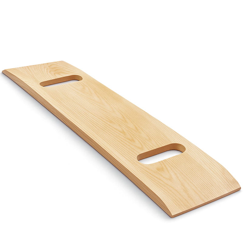 Wooden transfer board with tapered ends and two oval handgrip openings.
