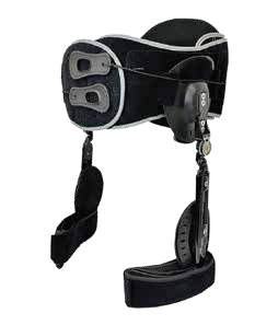 Bilateral hip orthosis with a waist support, paired side hinges and thigh cuffs, model HB-166D.