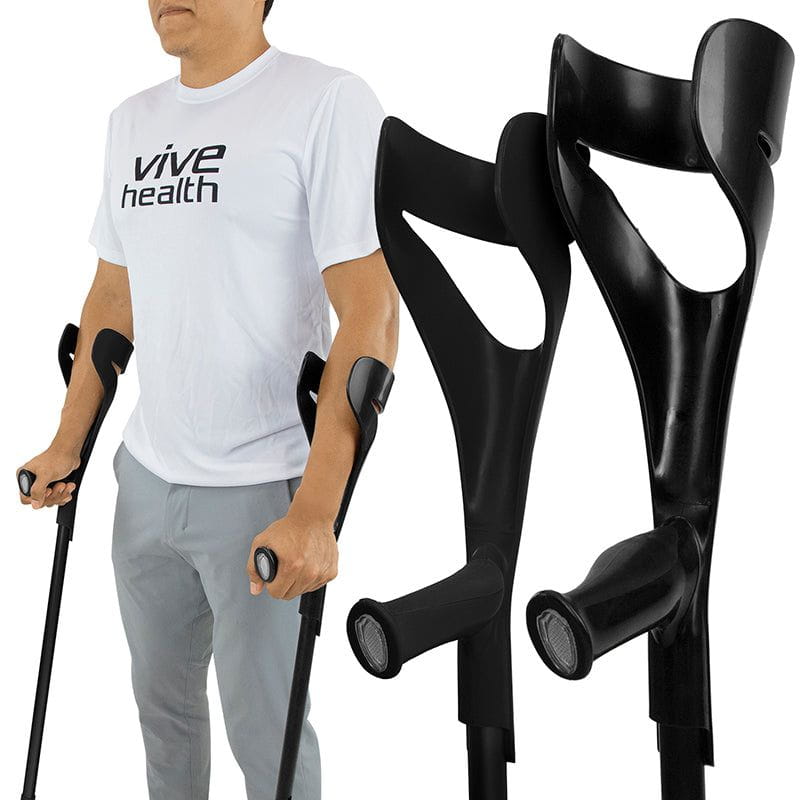 Vive forearm crutches and a person demonstrating their use