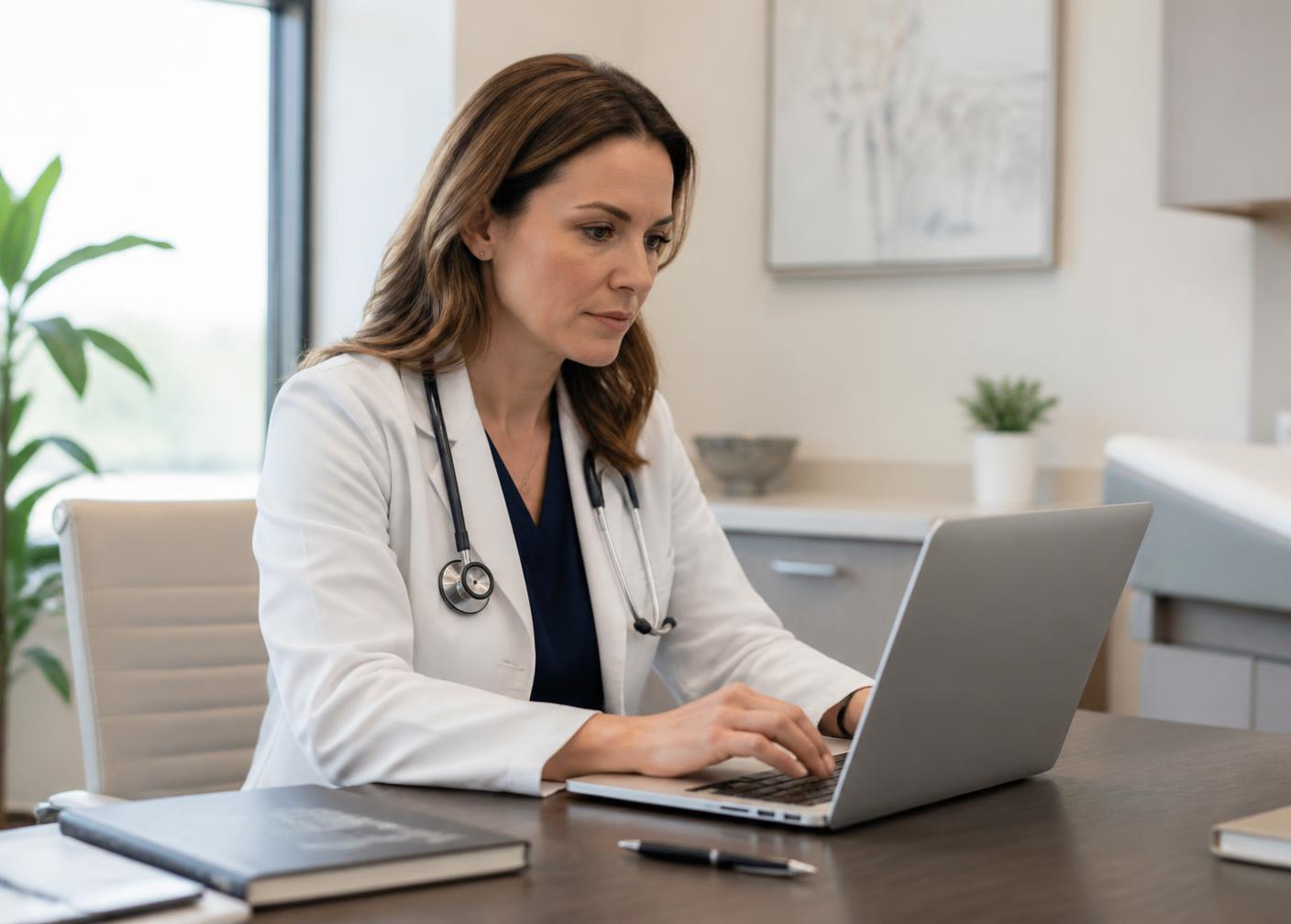 A medical professional working at a laptop