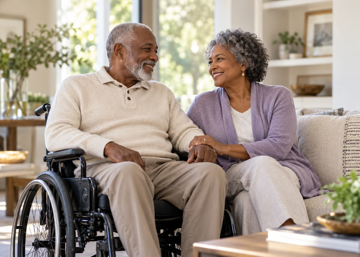 Illustrative image of an older Black couple sharing a smile at home, with one person using a wheelchair