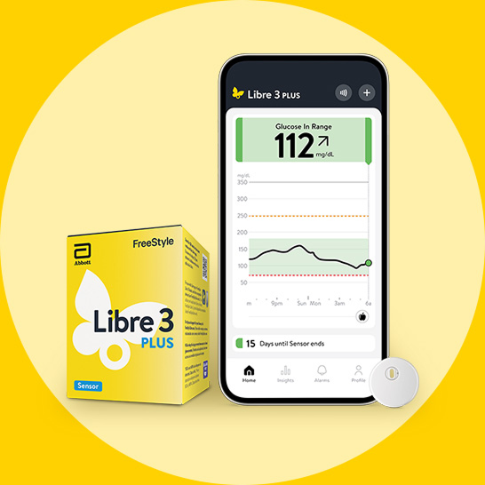 FreeStyle Libre CGM family example, showing Libre 3 Plus packaging, sensor and app